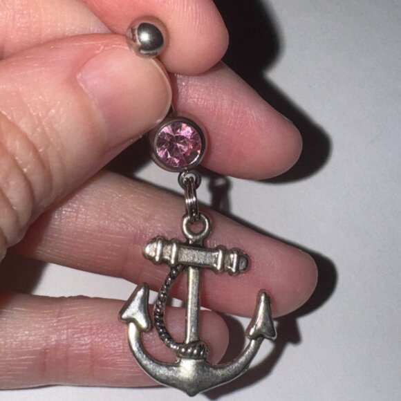 Large Anchor with Rope and Pink Gem Dangle Belly Ring - Picture 2 of 16
